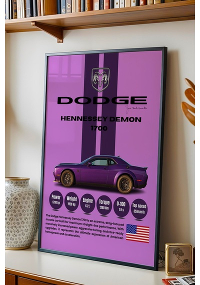 Dodge Hennessey Demon 1700 Tablo - Teknik Özellikli Araba Poster - Çerçeveli Duvar Dekoru Siyah