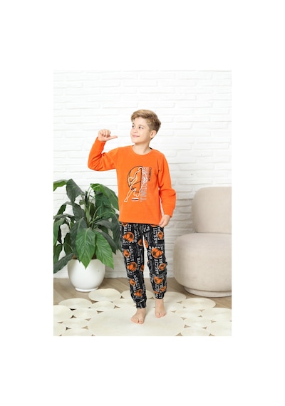 Yeni Stil Sonbahar/kış Erkek Çocuk Basketball Desenli Polar Pijama Takımı 4562 Turuncu