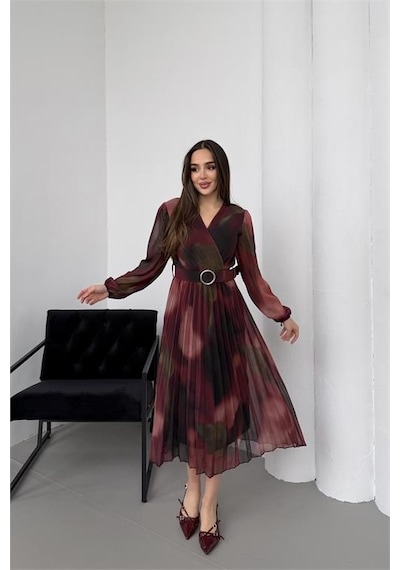 Neşeli Butik Kadın Bordo Beli Kemerli Piliseli Kruvaze Yaka Şifon Elbise Nbelb03 Bordo
