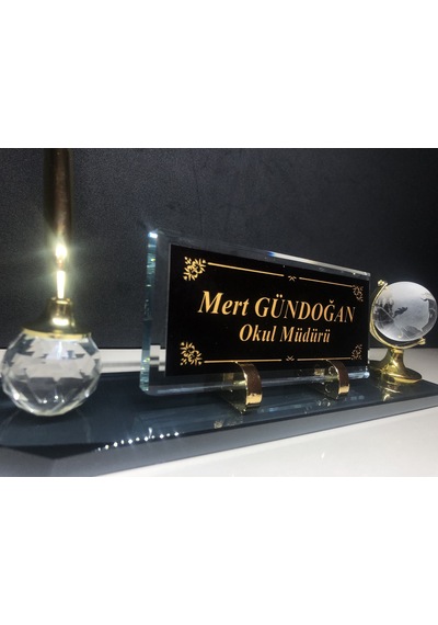 Cam Masa İsimliği Masaüstü Kişiye Özel Füme Gold Yazı Seti