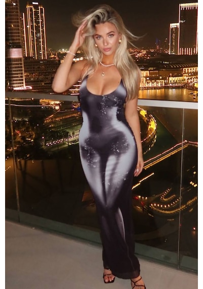 Emilia Printed Gece Elbisesi - Siyah