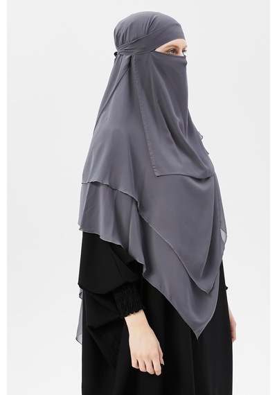 Altobeh Hazır Pratik Şifon Üç Katlı Peçeli Üçgen Hac Umre Şalı Sufle Hijab Nikap Füme