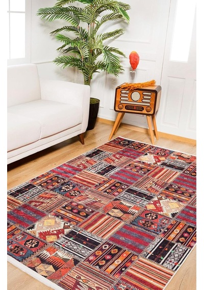 140x200 Cm Hangzhou Bordo Patchwork Yün El Dokuma Modern Geometrik Etnik Eskitme Desenli Boho Oturma Odası Salon Yollu Genel