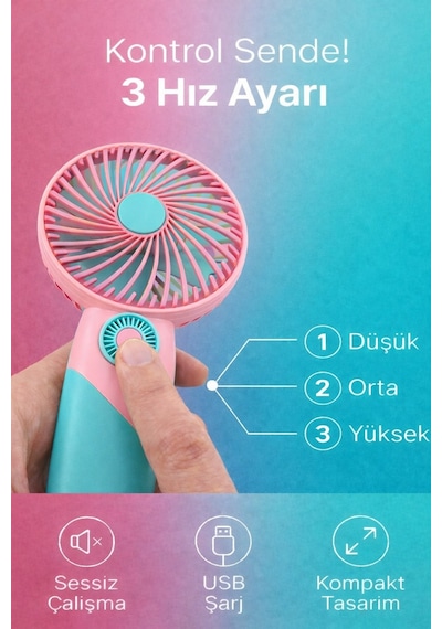 Standlı Şarjlı Mini El Fanı 3 Kademeli, Sessiz, Taşınabilir Masaüstü Vantilatör