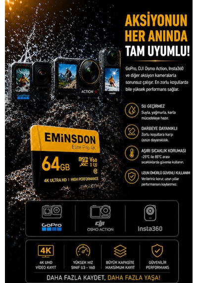 Elite Pro 64gb Hafıza Kartı 4k Drone Araç Aksiyon Telefon Ev Kamerasıyla Uyumlu