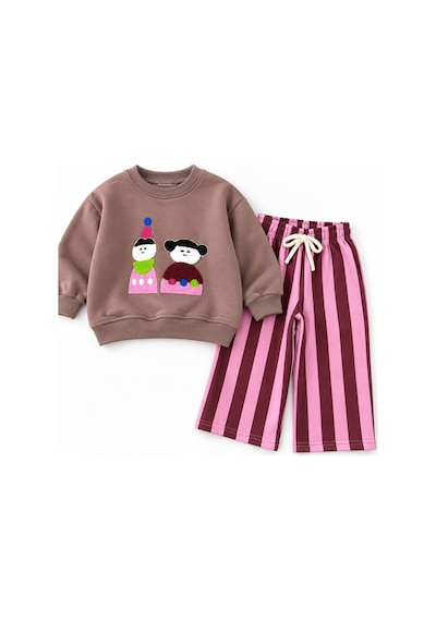 Monila Kız Çocuk Pamuklu Süzene Çocuk Nakışlı Kahverengi Sweatshirt Ve Pembe Çizgili Eşofman Alt Üst Takım