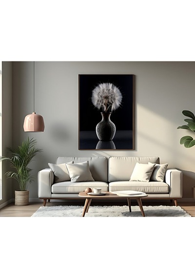 Tablo Ahşap Çerçeveli Tablo Çerçeveli Poster Siyah Vazoda Karahindiba Çiçeği Tablosu