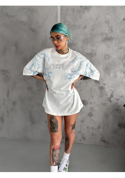 Kadın Bisiklet Yaka Baskılı Oversize Kısa Kol T-shirt - Beyaz Beyaz