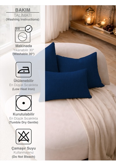 Br Perle Lacivert Keten Dokulu Dekoratif Kırlent Kılıfı Modern Salon Koltuk Yastığı