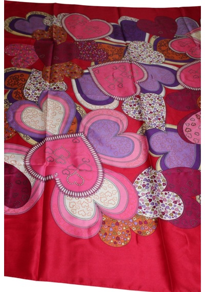 Tikitonki Kalp Desenli Saten Kırmızı Eşarp - 90x90 Fuşya Fuşya