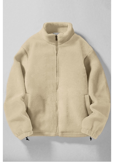 Ghassy Co. Erkek Alaska Regular Peluş Sherpa Kışlık Tam Fermuarlı Polar Sweatshirt Taş