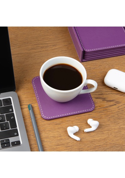 Bardak Altlığı,6 Lı Set,masaüstü Kare Cup Coaster,vegan Suni Deri,11x11 Cm.,lila