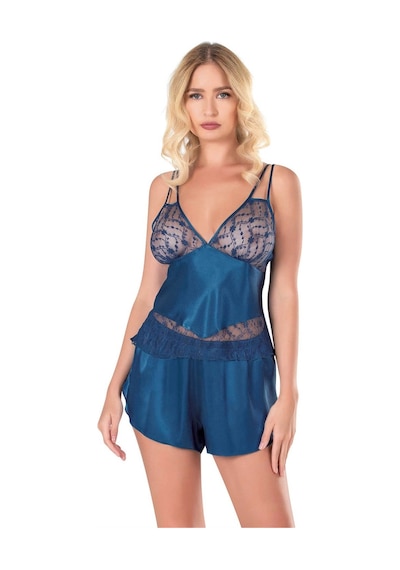 L'ombre Petrol Mavisi Saten Babydoll Şort Takımı