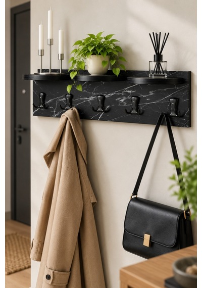Sulorahome 5'li Duvar Askılığı Ve Raflı Portmanto Siyah Mermer Desenli 80 Cm