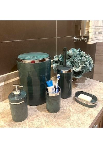 Makri Home Banyo Seti 5'li, Yuvarlak, Akrilik-çöp Kovası, Wc Fırçalık, Sıvı Sabunluk, Diş Fırçalık, El Sabunluk Yeşil