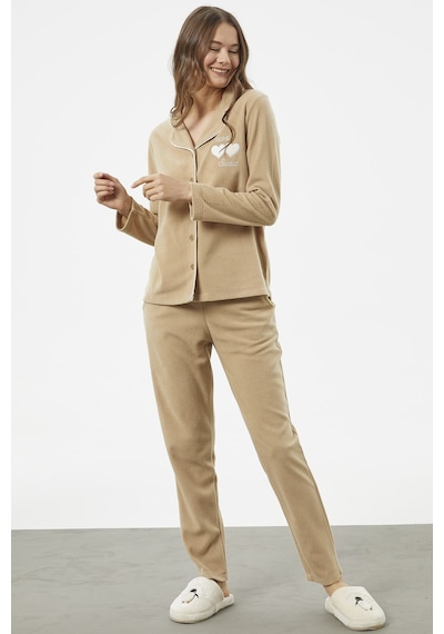 Sementa Gömlek Yaka Düğmeli Polar Pijama Takım - Camel 001