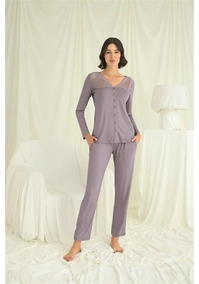Ang Butik Kadın Yakası Kolu Ve Omzu Dantelli Boydan Düğmeli Pijama Takımı Gri
