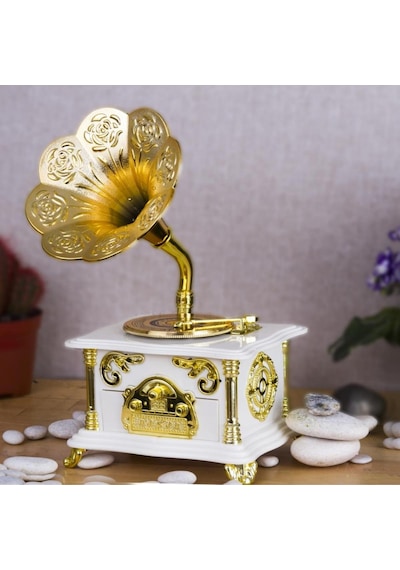Gramofon Müzik Kutusu Beyaz 13x26cm