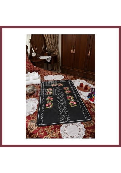 Storeşahin Kanaviçe Işlemeli Etamin Kumaş Tek Seccade - Siyah Shn0720