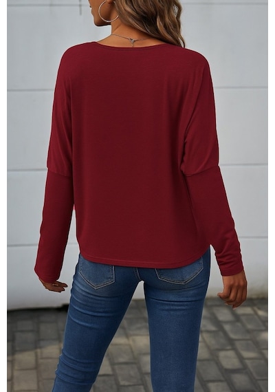 Dogutrend Kadın Uzun Kollu V Yakalı Yarasa Kollu Viskon Bluz Bordo