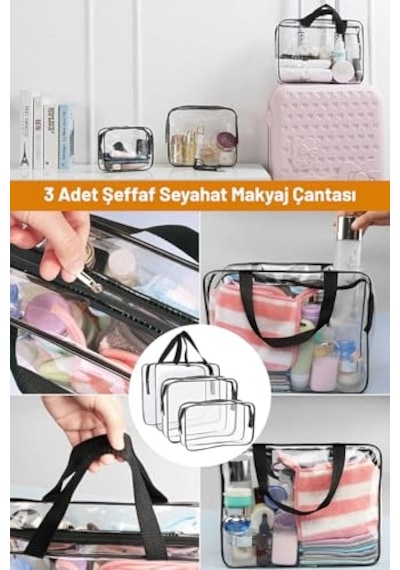 Kadın Erkek 3 Adet Şeffaf Seyahat Makyaj Çantası Şeffaf Tek Ebat