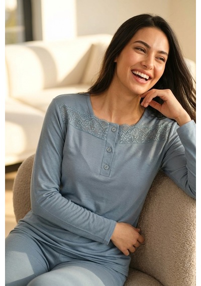Aura Collections Kadın Dantelli Bambu Viskon Uzun Kollu Mevsimlik Soft Örme Pijama Takımı Turkuaz