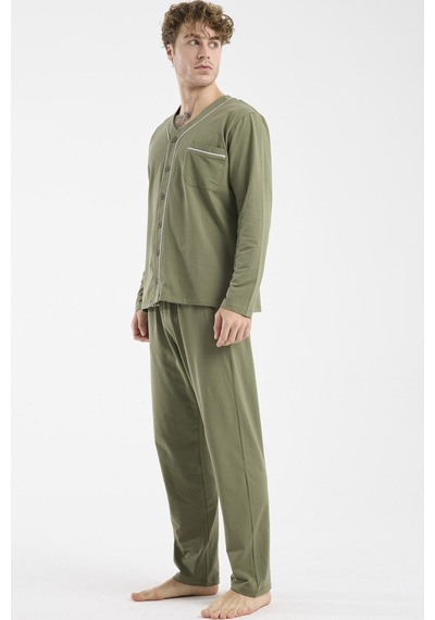 Sementa V Yaka Düğmeli Pijama Takım - Haki Haki