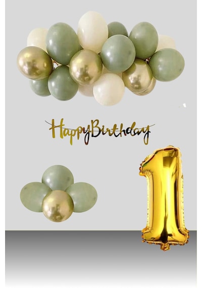 1 Yaş Retro Krom Gold Küf Yeşili Kum Beji Balon Happy Birthday Banner Gold Rakam Doğum Günü Süsleme Çok Renkli