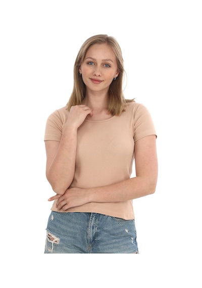 Monox Kadın Fitilli Likralı Pamuk Basic Tshirt Vizon