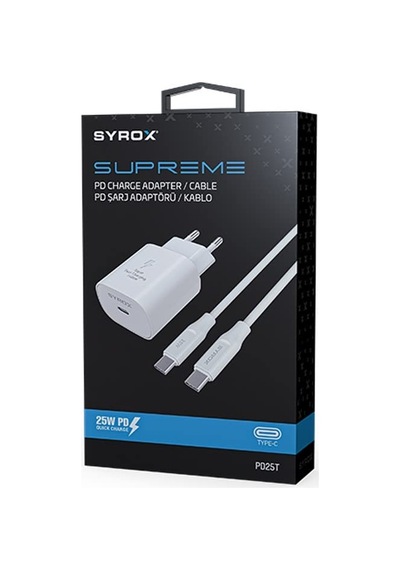 Syrox Pd25t Q3.0 Pd 25w Type-c To Type-c Hızlı Şarj Aleti Set Beyaz
