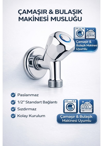 Çamaşır Makinesi Musluğu 1/2'' Krom Pirinç Dayanıklı Sızdırmaz Bulaşık Makinesi Uyumlu Metalik