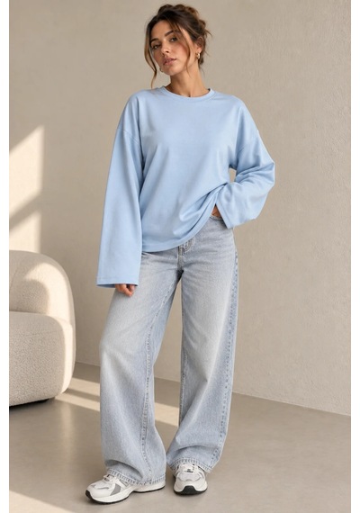 Bb Butik Basic Kadın Modal Oversize Bisiklet Yaka Sweatshirt Zg3535 Mavi