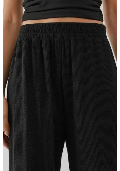 Hiccup Wide Leg Beli Lastikli Dokulu Örme Pantolon Siyah