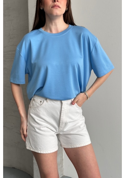 Balenbi Kadın Modal Bisiklet Yaka Basic Yarım Kollu T-shirt 1211 Mavi