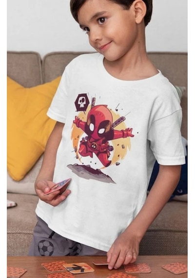Sevbano Unisex Deadpool Baskılı Film Kahramanı Çocuk Tişört 1-12 Yaş Beyaz