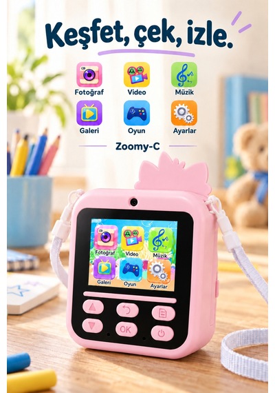 Kj/zm-001 Zoomy-c Kedi Figürlü Anında Baskılı Çocuk Fotoğraf Makinesi, Çift Kamera, 2,4 İnç Ekran, 1080p Video, 3+ Yaş Pembe