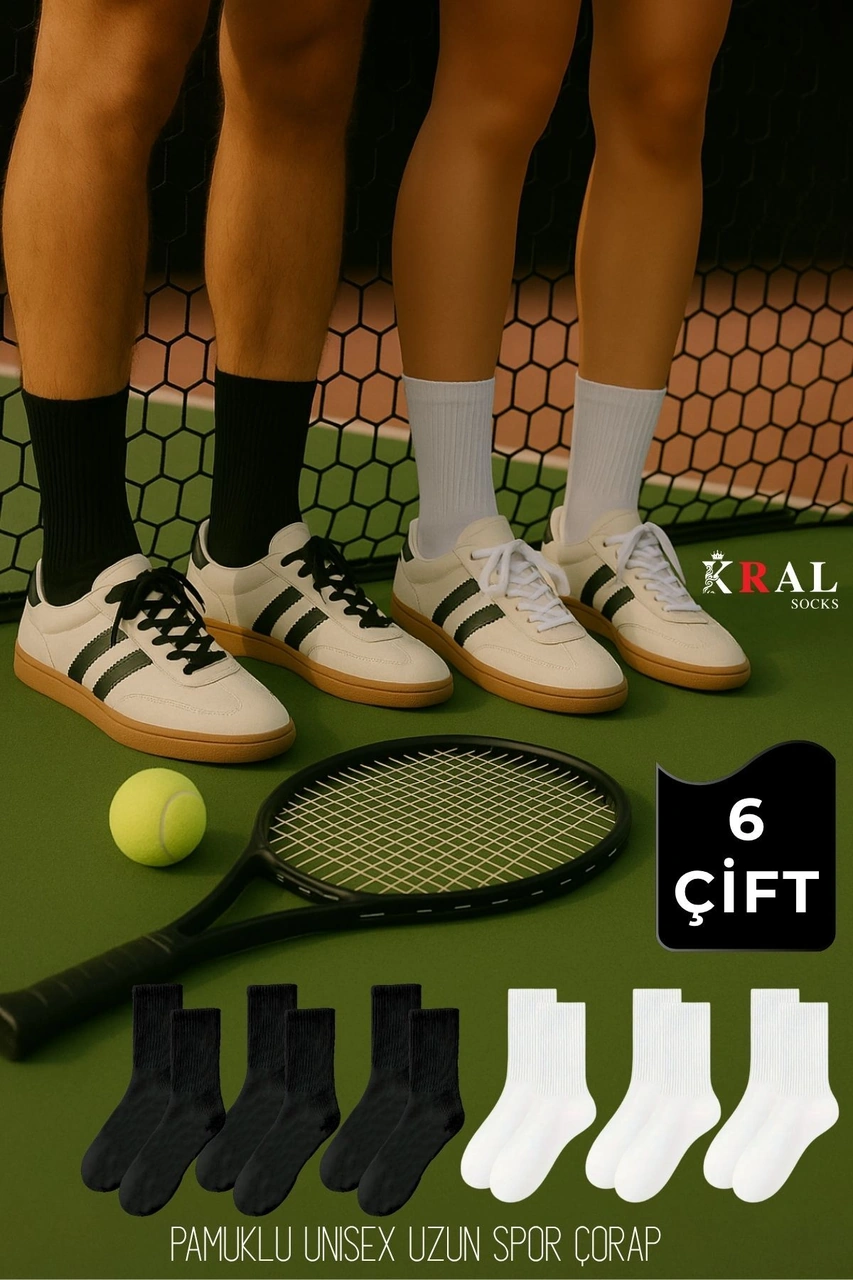 Kral Socks Unisex Siyah-beyaz 6 Çift Pamuklu Tenis Spor Uzun Soket Boy Çorap Siyah - Beyaz