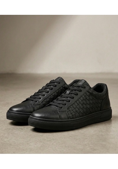 Growish Gd0111 Hakiki Deri Yüksek Taban Modern Örgü Desen Yüksek Eva Taban Siyah Sneaker Ayakkabı Siyah - Siyah