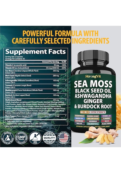 Strongvit Sea Moss Black Seed Oil,hint Ginseng, Burdock Root All-in-1 Extra Strength 60 Vegan Kapsülleri