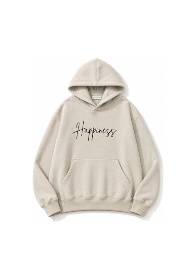 Herkesemoda Happines Baskılı Kapüşonlu 2 İplik Şardonlu Sweatshirt Bej
