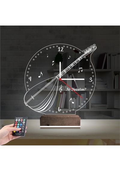 Luvivia Saz Bağlama Nota Müzik Kişiye Özel Saatli 3d Lamba - Masa Gece Lambası Şeffaf