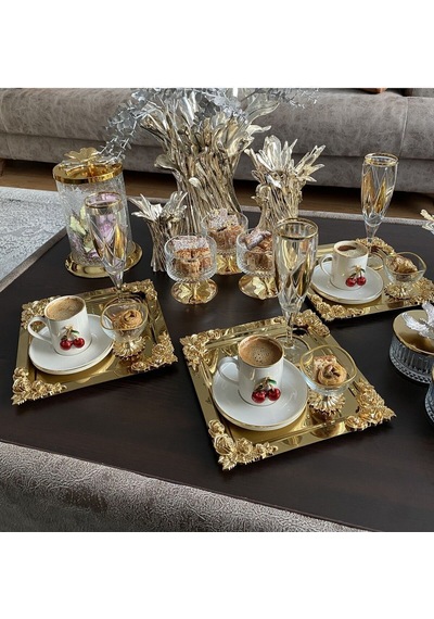 Atabey Home Collection 6'lı Kahve & Çay & Sunum Tepsisi Metal Döküm Gold Tepsi Gül Model