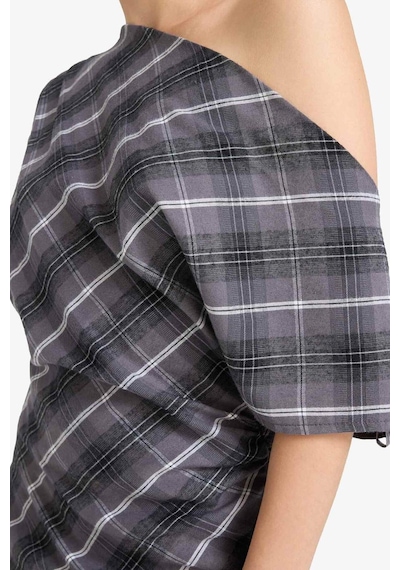 Defacto Regular Fit Kayık Yaka Kareli Flanel Kısa Kollu Bluz G0862ax25augr312 Gri
