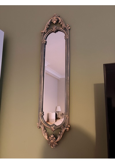 Uzun Oval Dekoratif Duvar Aynası Haki Yeşil & Eskitme Altın Varaklı 80x20 Cm Naturel