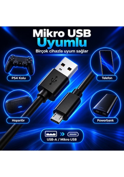 Ps4 Oyun Kolu Şarj Kablosu 1.5 Metre Dualshock 4 Uyumlu Micro Usb Şarj Ve Data Kablosu