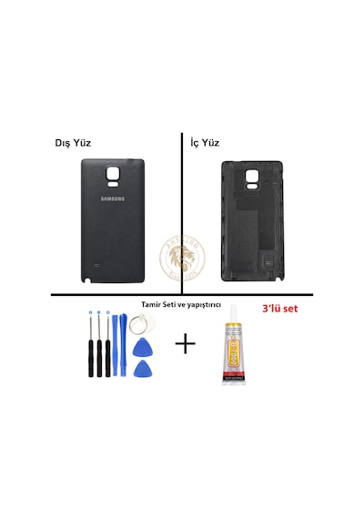 Samsung Galaxy Note 4 Siyah Renk Arka Kapak + Tamir Seti + B7000 Yapıştırıcı Arka Cam Batarya Kapağı Pil Kapağı Lazer Kesim Back Cover Galaxy Note 4 Uyumlu