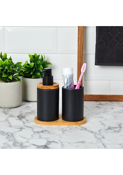 Bambu Standlı Seramik İkili Banyo Seti Gri