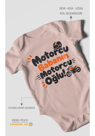 Morivokids Motorcu Babanın Motorcu Oğlu Kısa Kollu Bebek Body %100 Pamuk Pastel Pembe