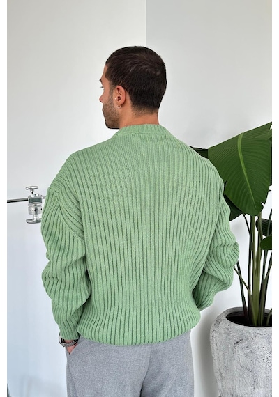 Yeşil Bisiklet Yaka Fitilli Oversize Triko Kazak Yeşil