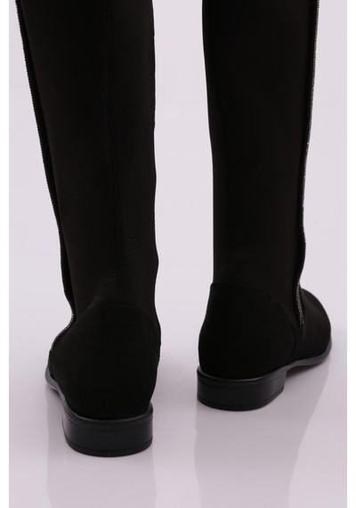 Dgn 508 Kadın Arkası Stretch Yan Taşlı Şerit Knee High Flats Çizme 508-1557-R1680 Siyah